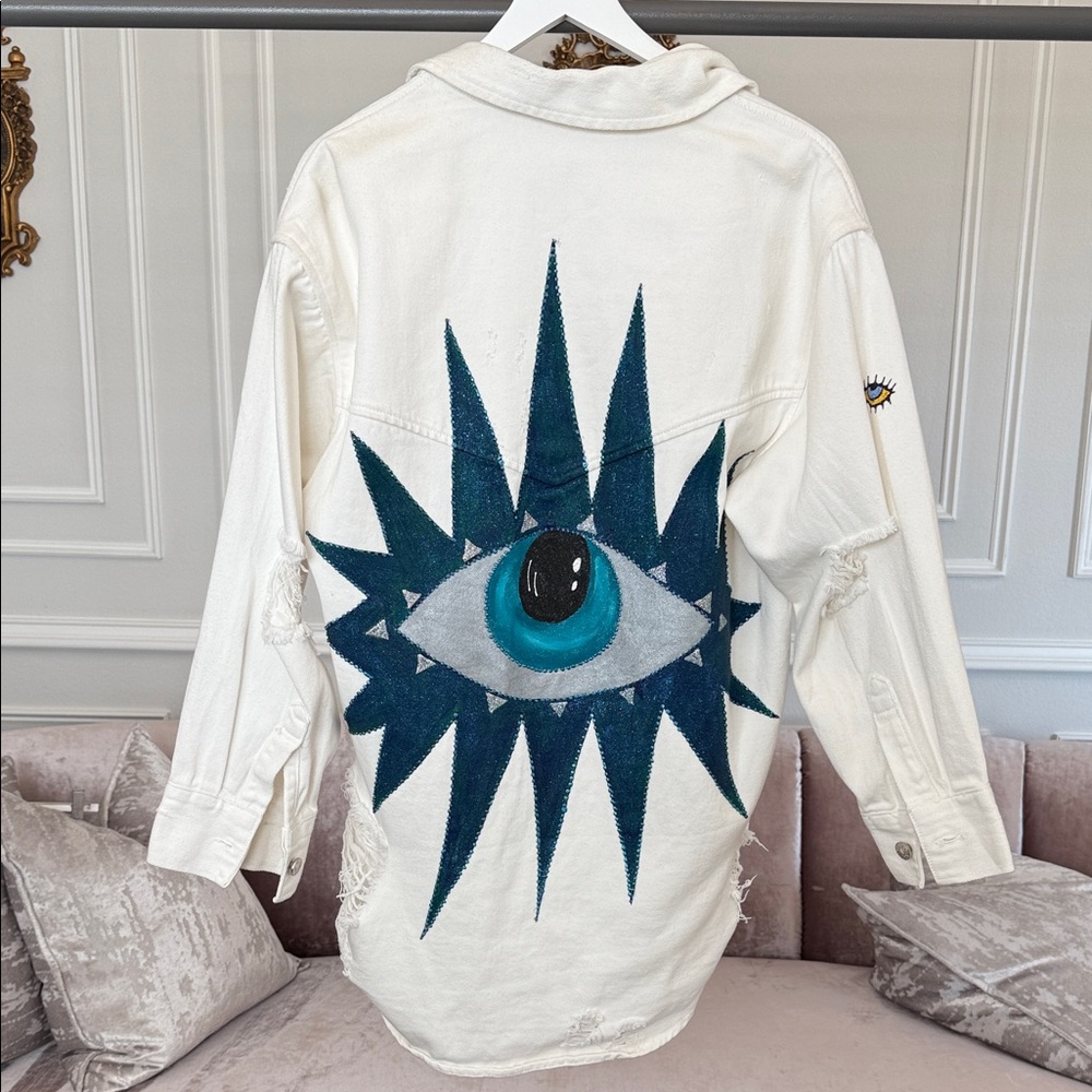 Eye See You Handmade Hand-Painted White Jeans Jacket – Made in Greece - Picture 3 of 17